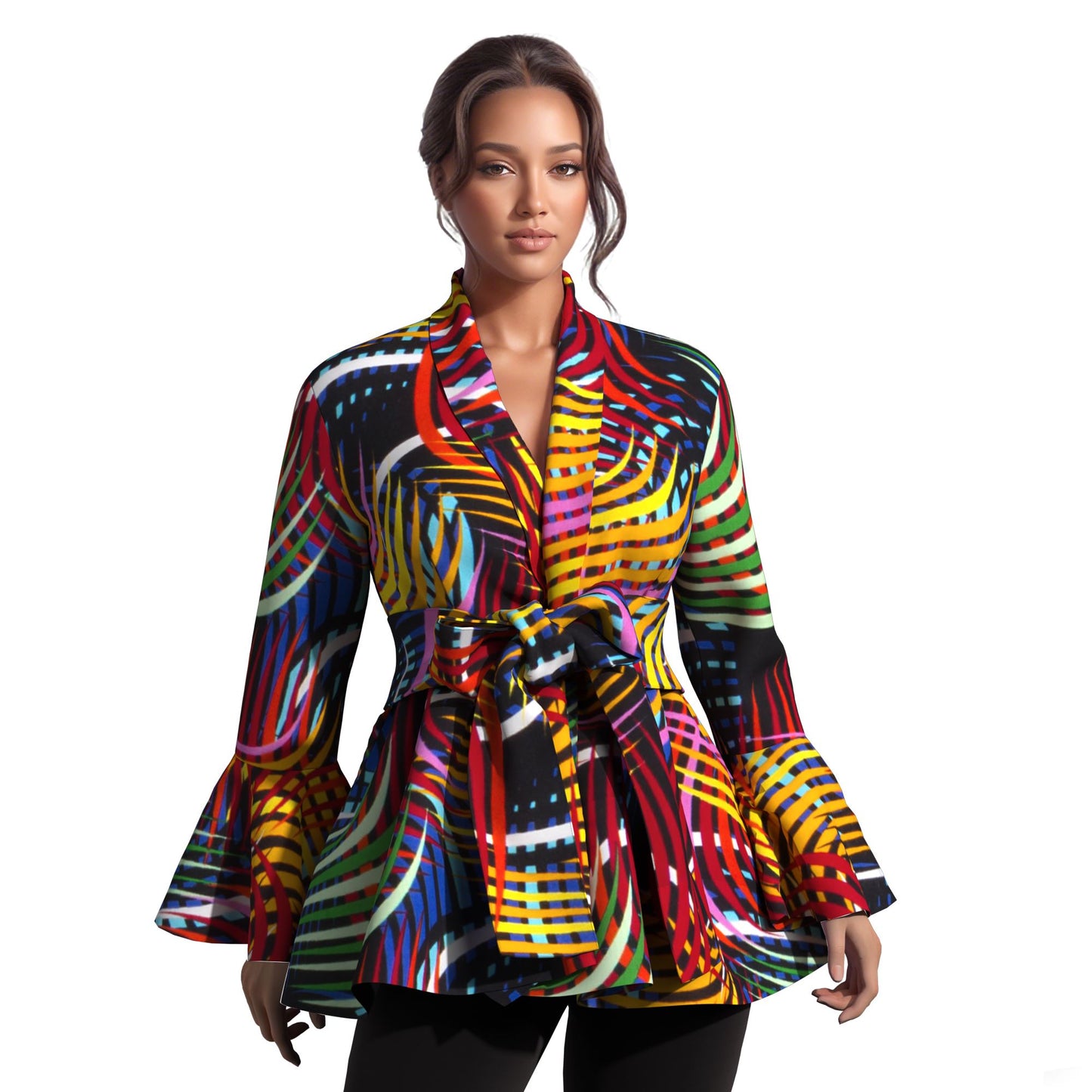 Ladies Vibrant Ethnic Geometric Print Stand Collar Bell Sleeve Peplum Top With Coordinating Waist Tie