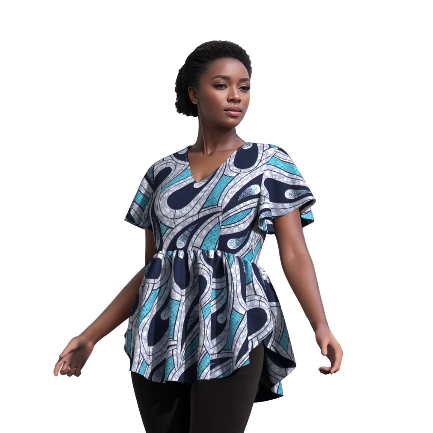 African Print V Neck Irregular Hem Fashion Women Peplum Top