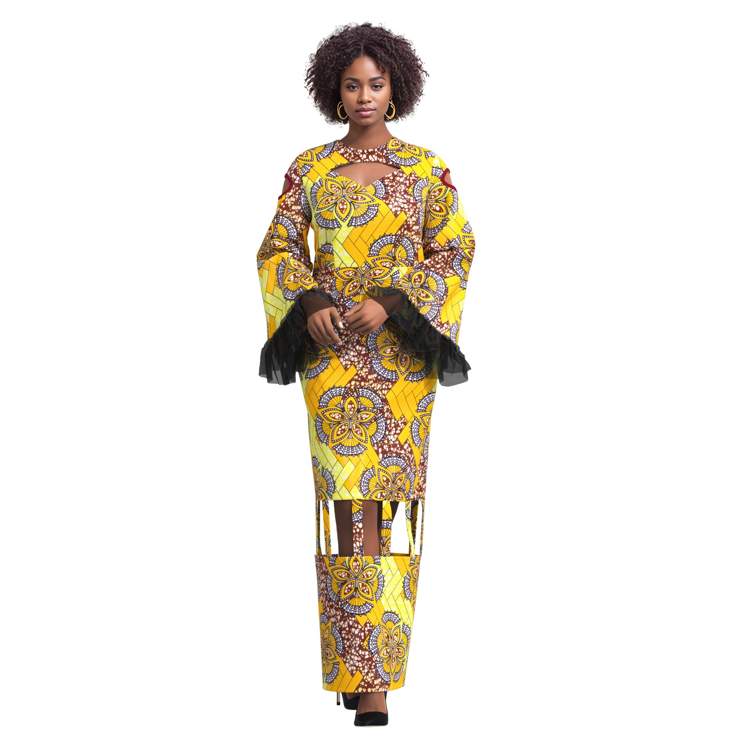 African Ankara Print Cutout Maxi Dress with Sheer Ruffle Cuffs