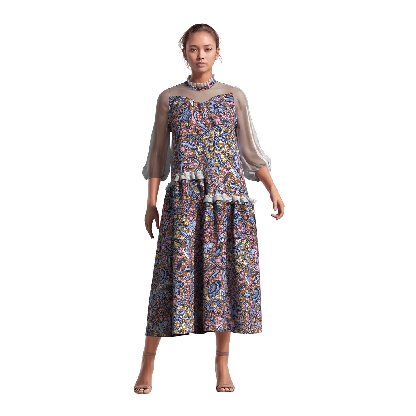 African Fabric Sheer Mesh Ruffle Collar Tiered Swing Midi Dress