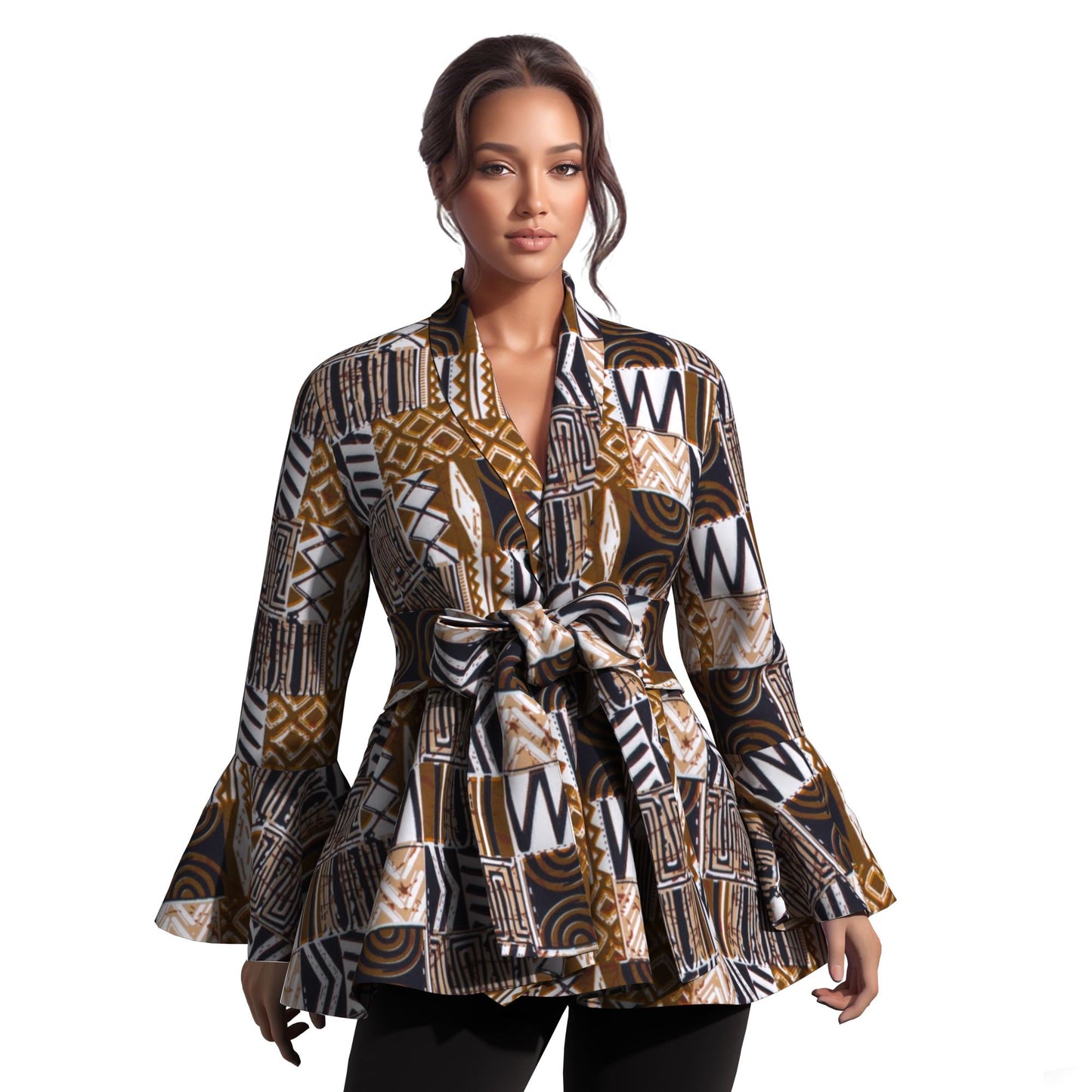 Ladies Vibrant Ethnic Geometric Print Stand Collar Bell Sleeve Peplum Top With Coordinating Waist Tie