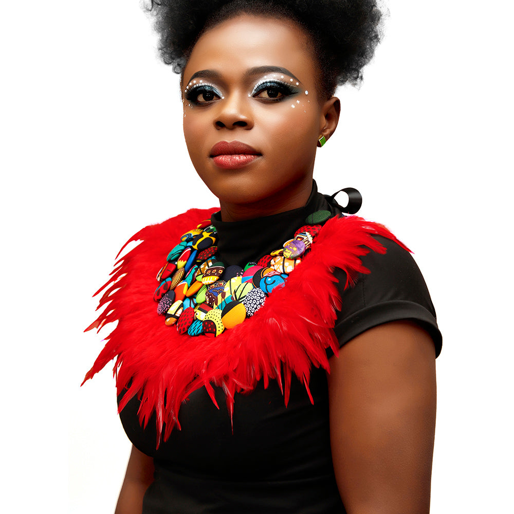 African Women Wax Print Handmade Button Feather Statement Necklace Accessories
