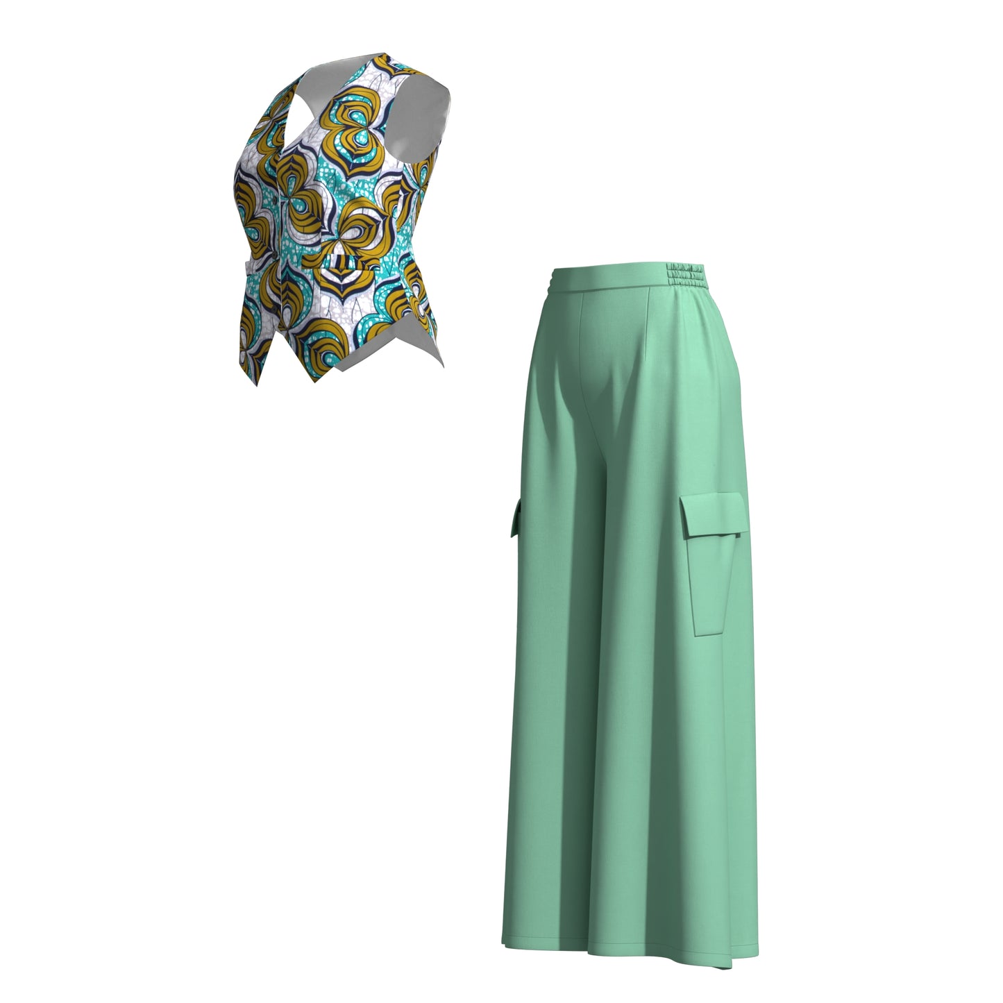Ankara Print V-Neck Vest and Cargo Pocket Wide Leg Pants Set