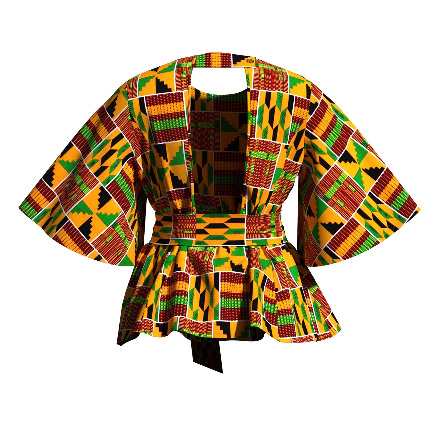 African Print Flare Sleeve Peplum Blouse with Waist Sash