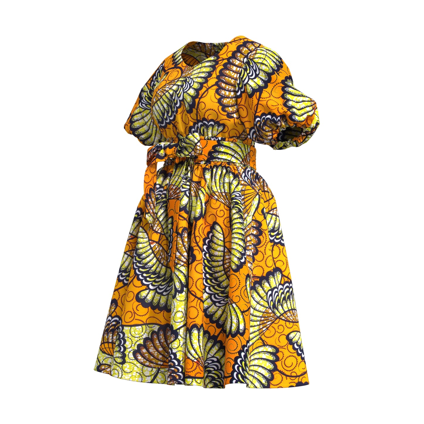 African Print Smocked Waist A-Line Midi Dress with Belt
