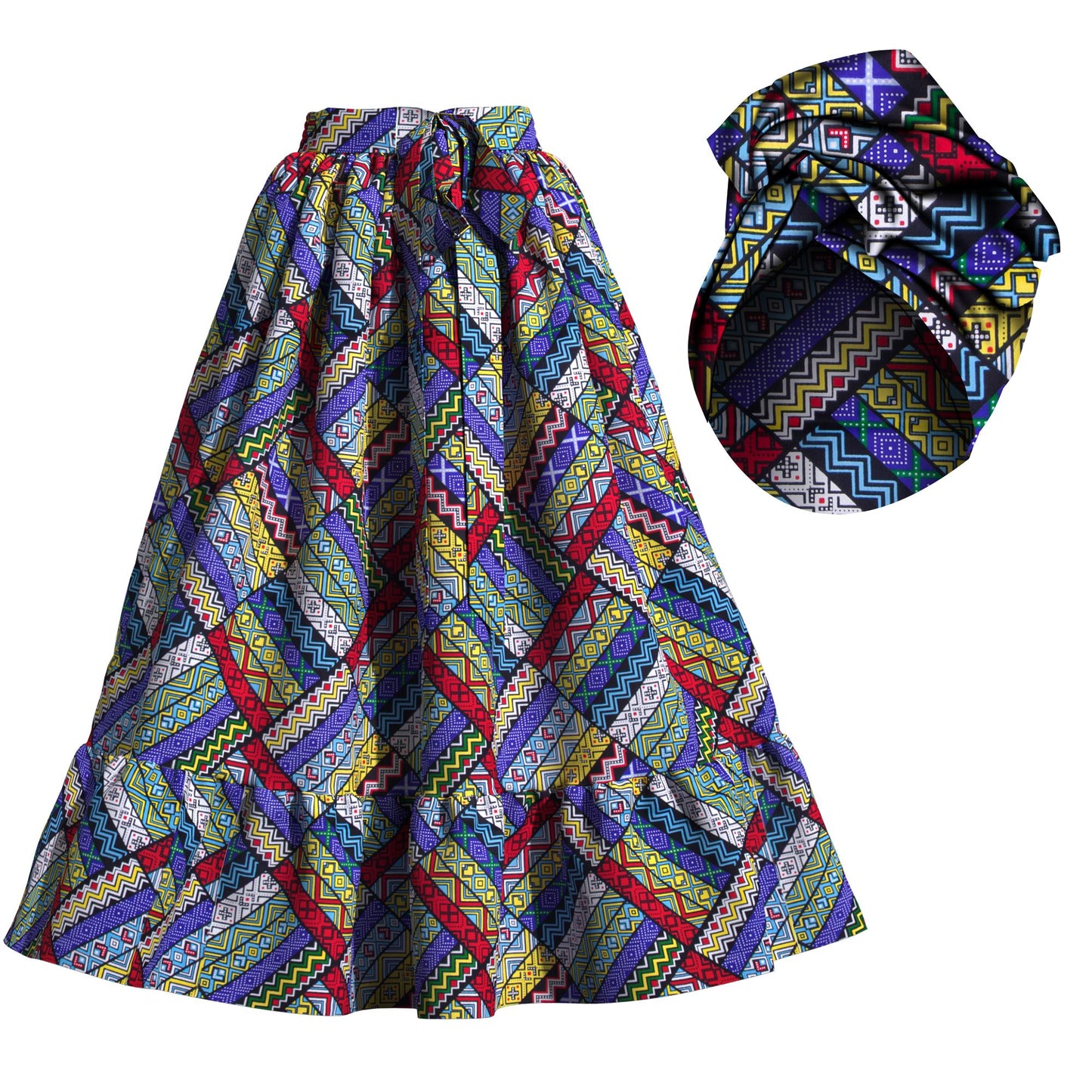 Traditional African Print Flowy Skirt with Coordinating Headwrap