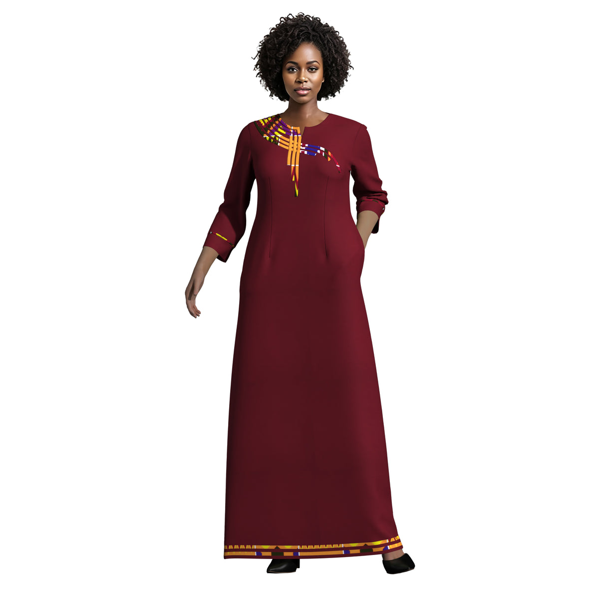 Elegant Solid Maxi Dress for Black Women, Ankara Print Splicing on Chest & Cuffs WY10572