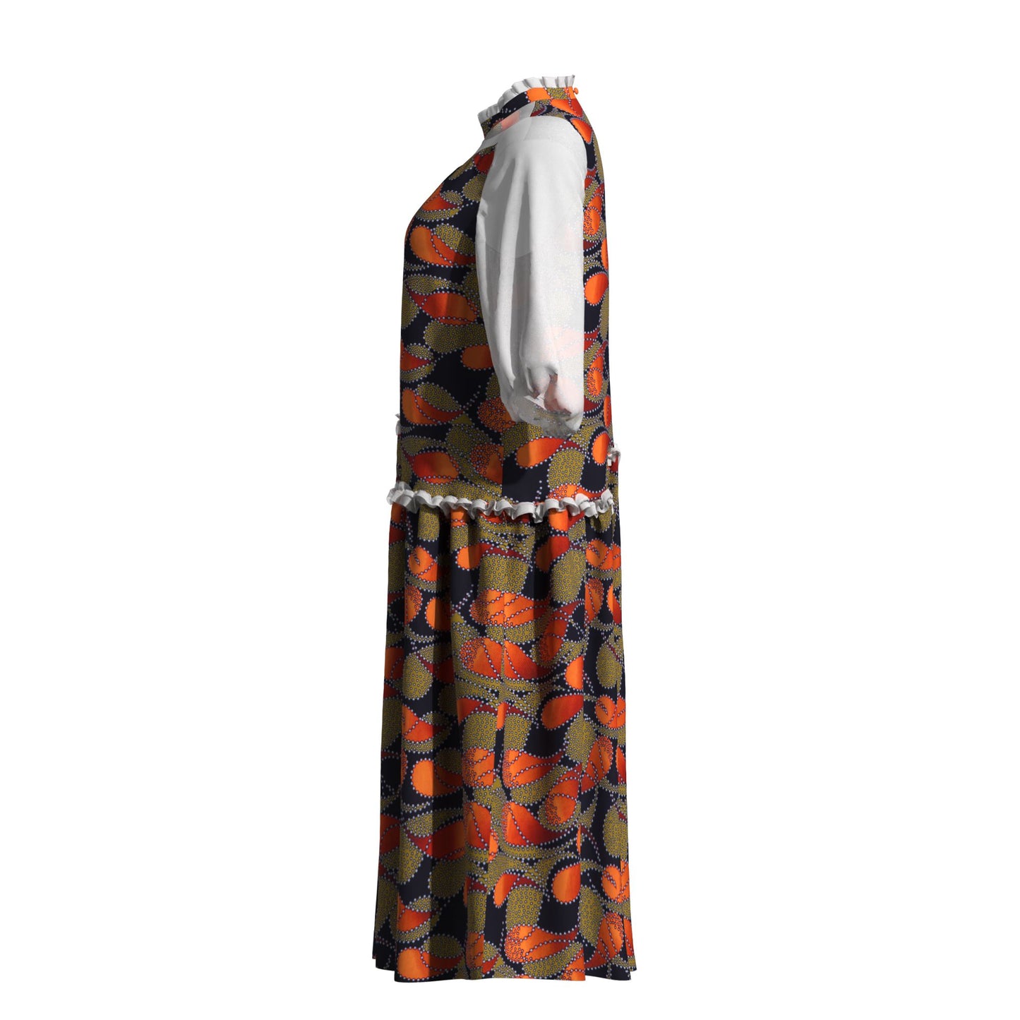 African Fabric Sheer Mesh Ruffle Collar Tiered Swing Midi Dress