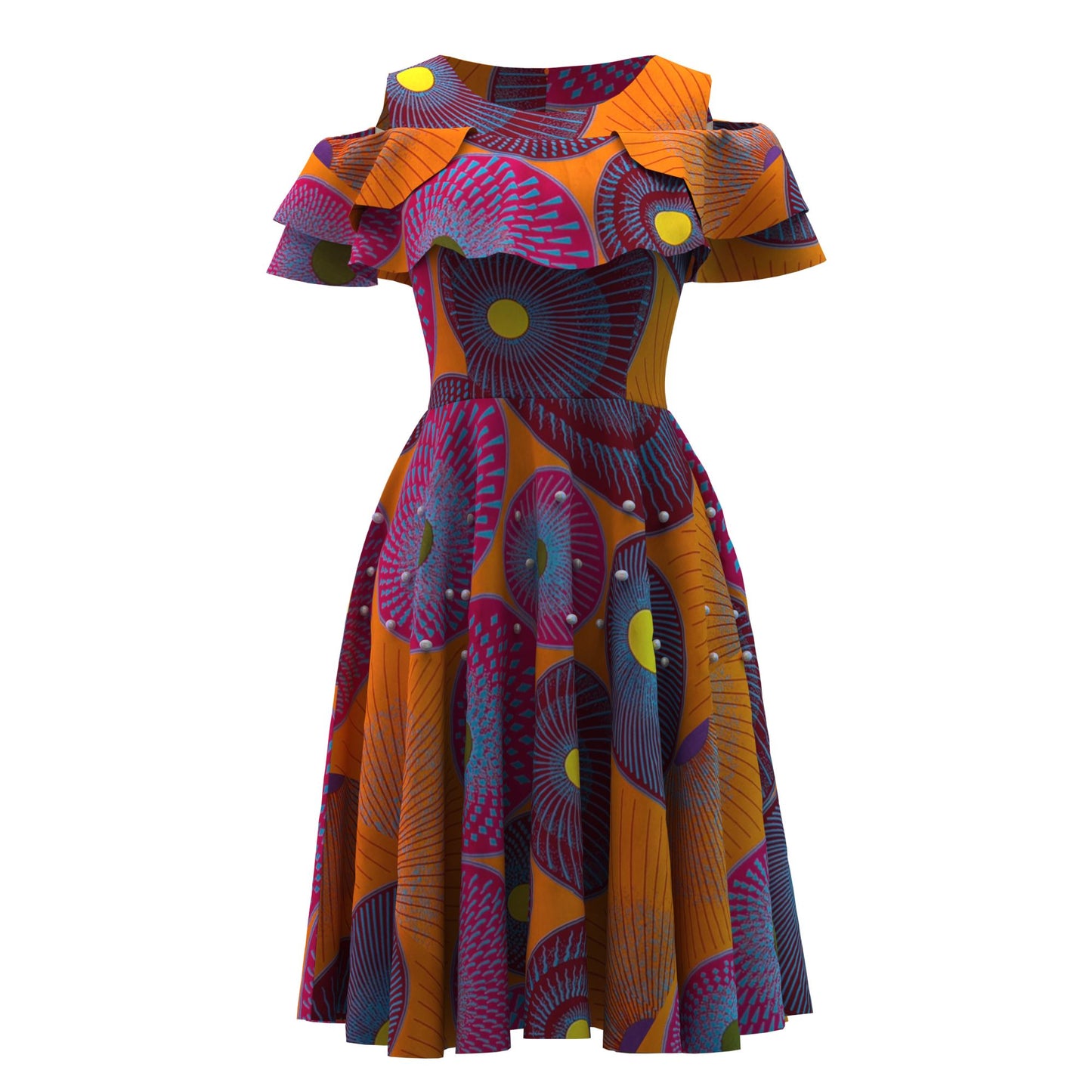 Traditional African Wax Print Cold-Shoulder Fit-and-Flare Dress
