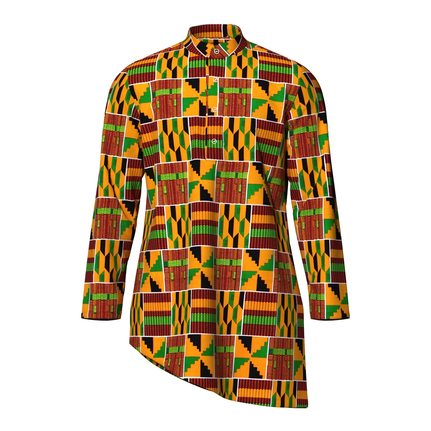 Ankara Print Men’s Mandarin Collar Asymmetric Hem Shirt