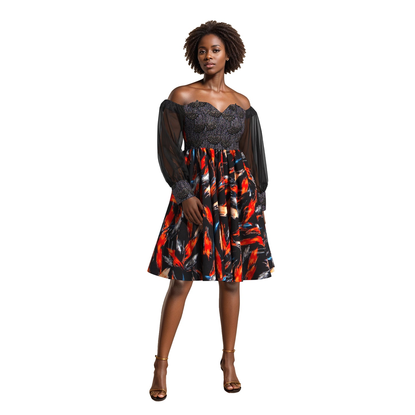 African Print Sequin Off Shoulder Mesh Sleeve A-Line Dress