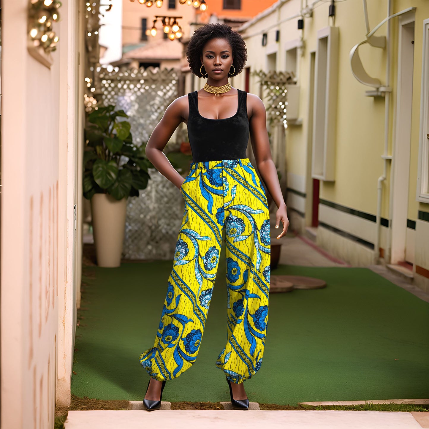 Authentic Kente Print High-Waist Jogger Pants – Vibrant African Wax Print Trousers for Afrocentric Fashion