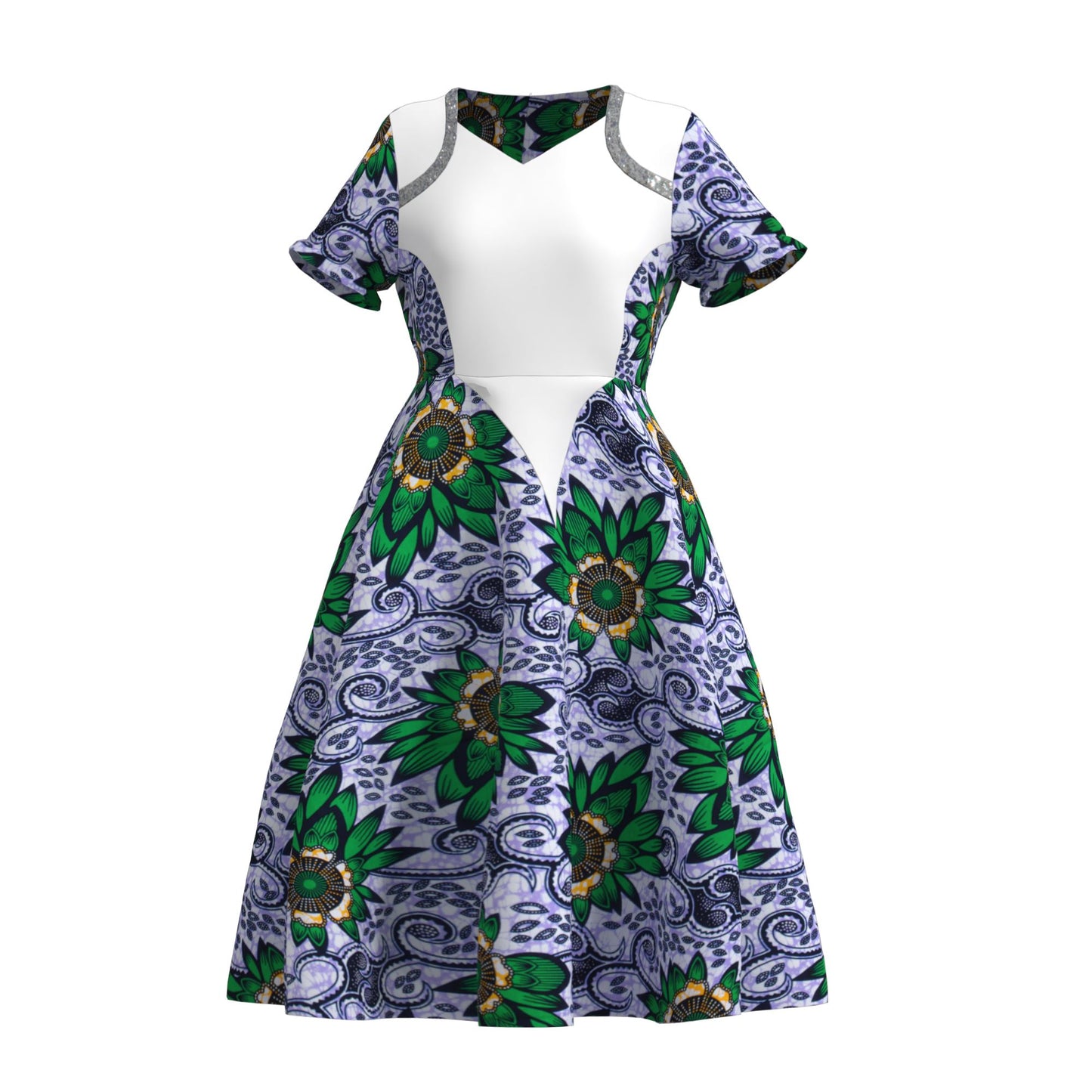 Women's African Ankara Print V-Neck Midi Dress | High-End Patchwork Party Dress