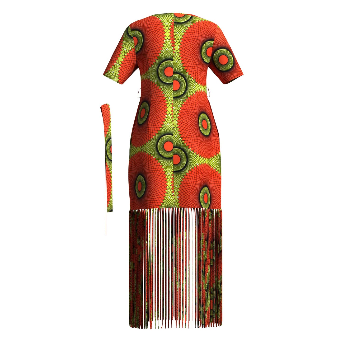 Bold Circular Ankara Print Fringe Hem Dress – Afrocentric Short Sleeve Midi Dress