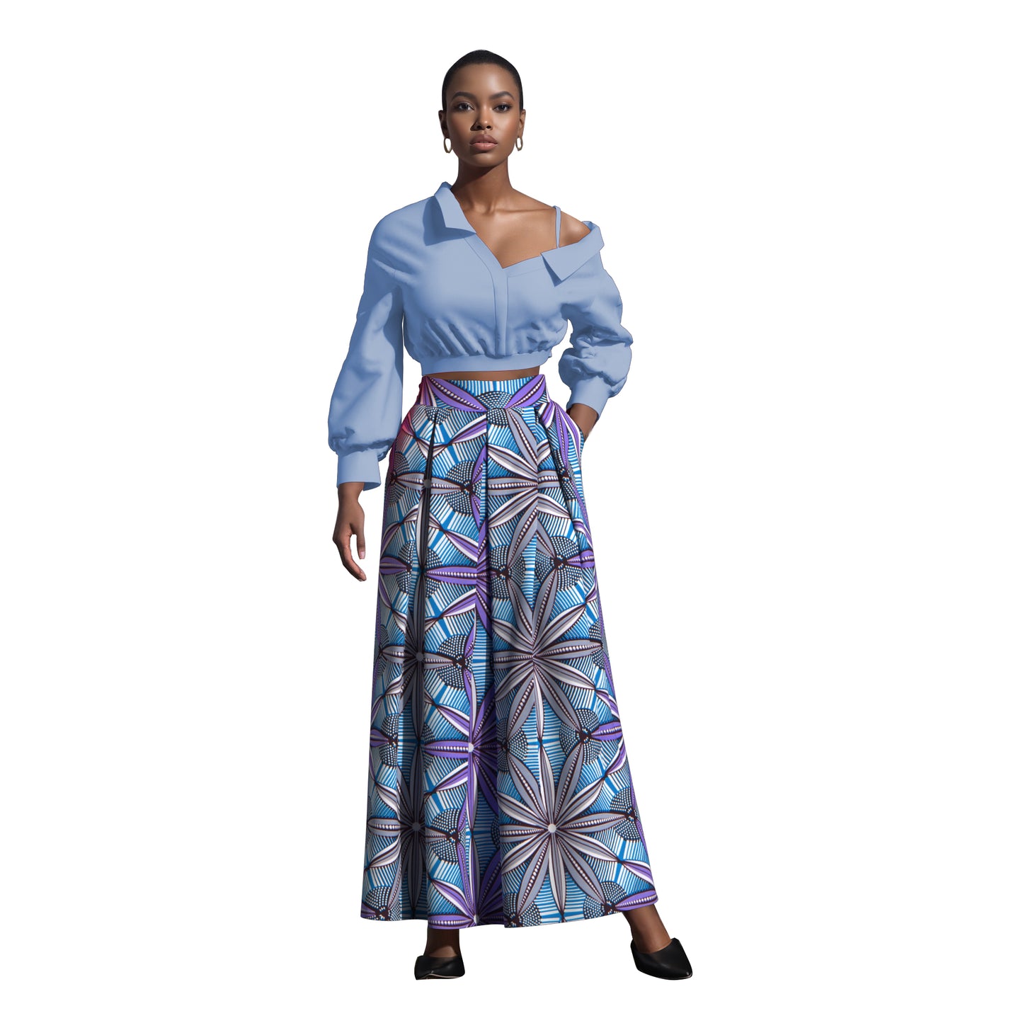 Women's African Print Maxi Skirt High Waist Pleated A-Line Skirt KG1213