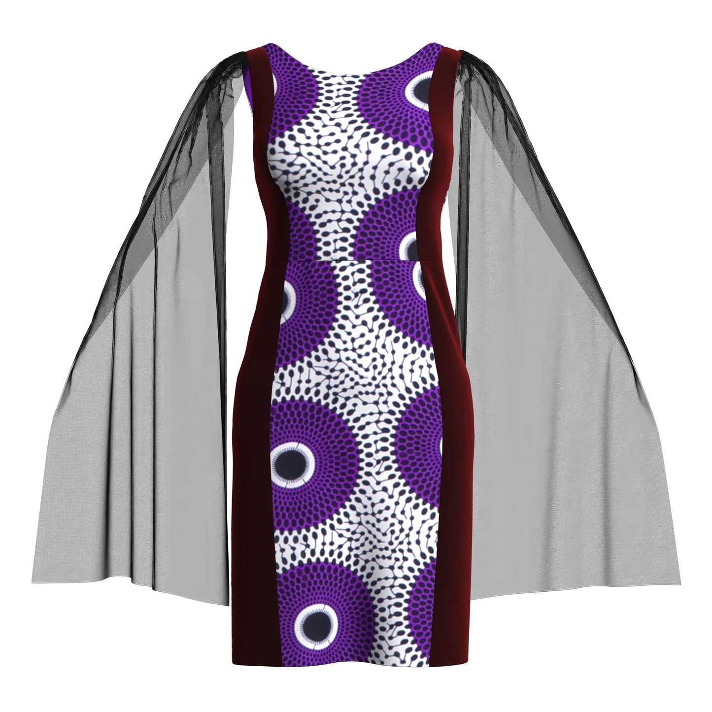 Traditional West African Print Sheath Dress – Sheer Cape Sleeve with Velvet Side Panels