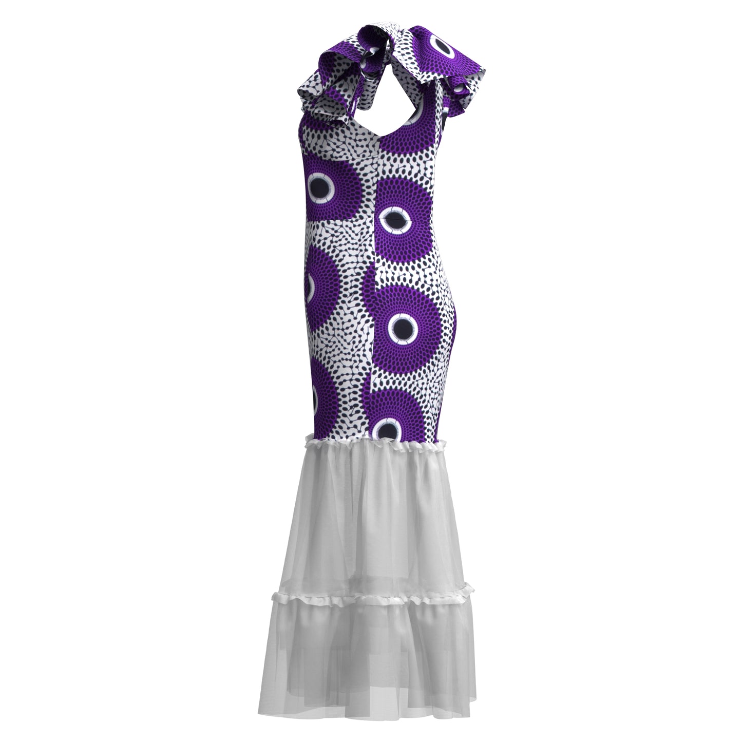 African Ankara Print Ruffle Sleeve Mermaid Dress with Sheer Mesh Hem