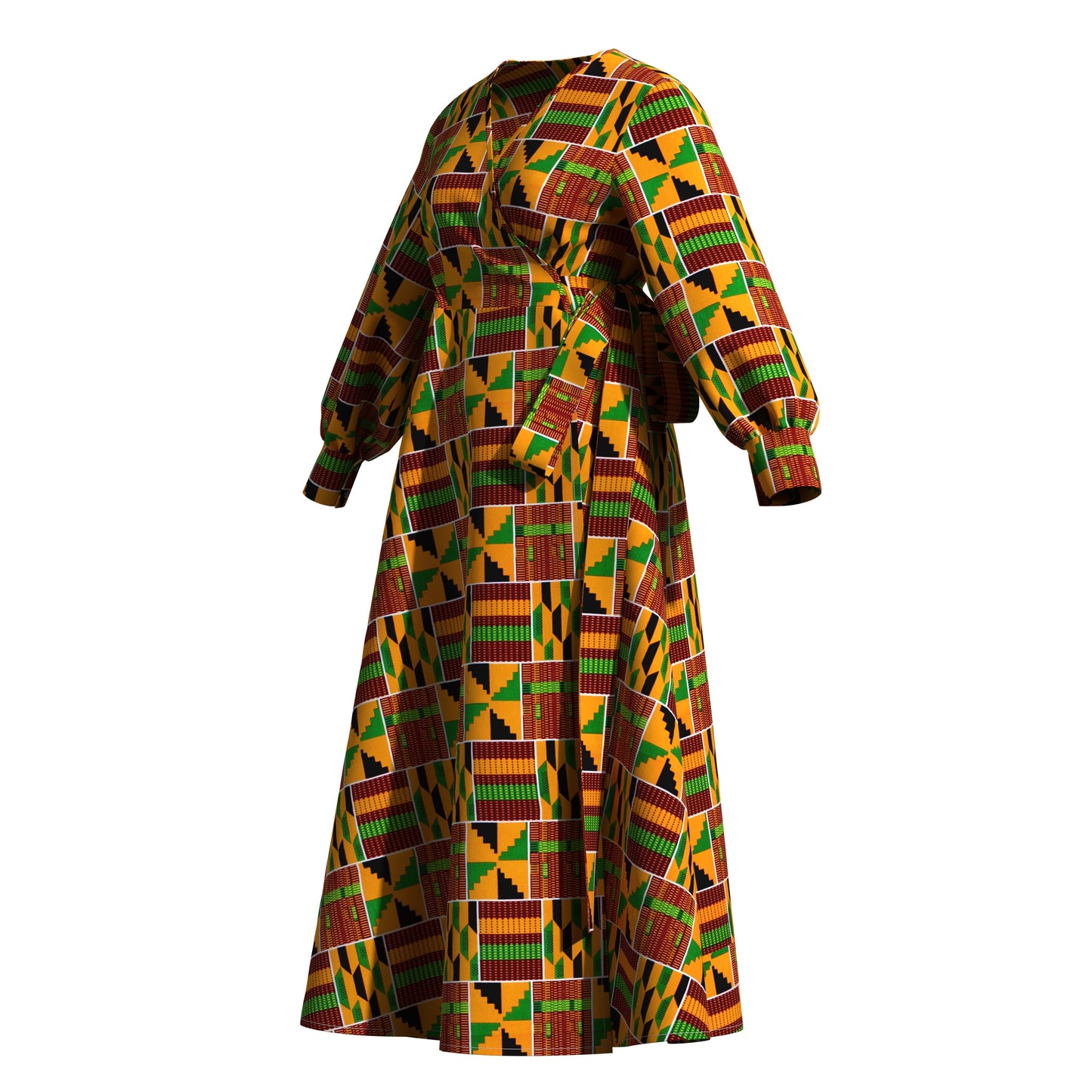African Print Wrap Maxi Dress with Waist Tie