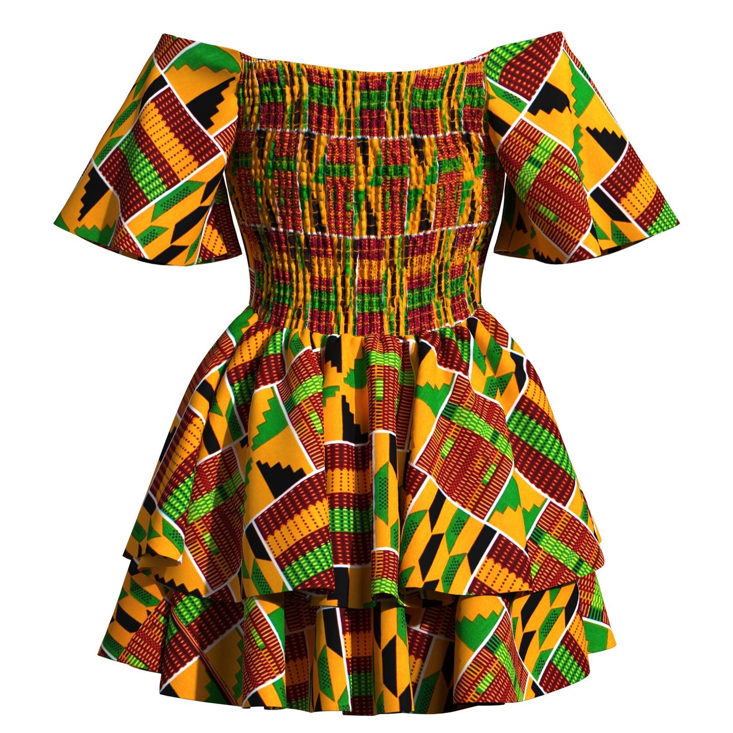 African Print Flowy Off-Shoulder Tiered Mini Dress for Women