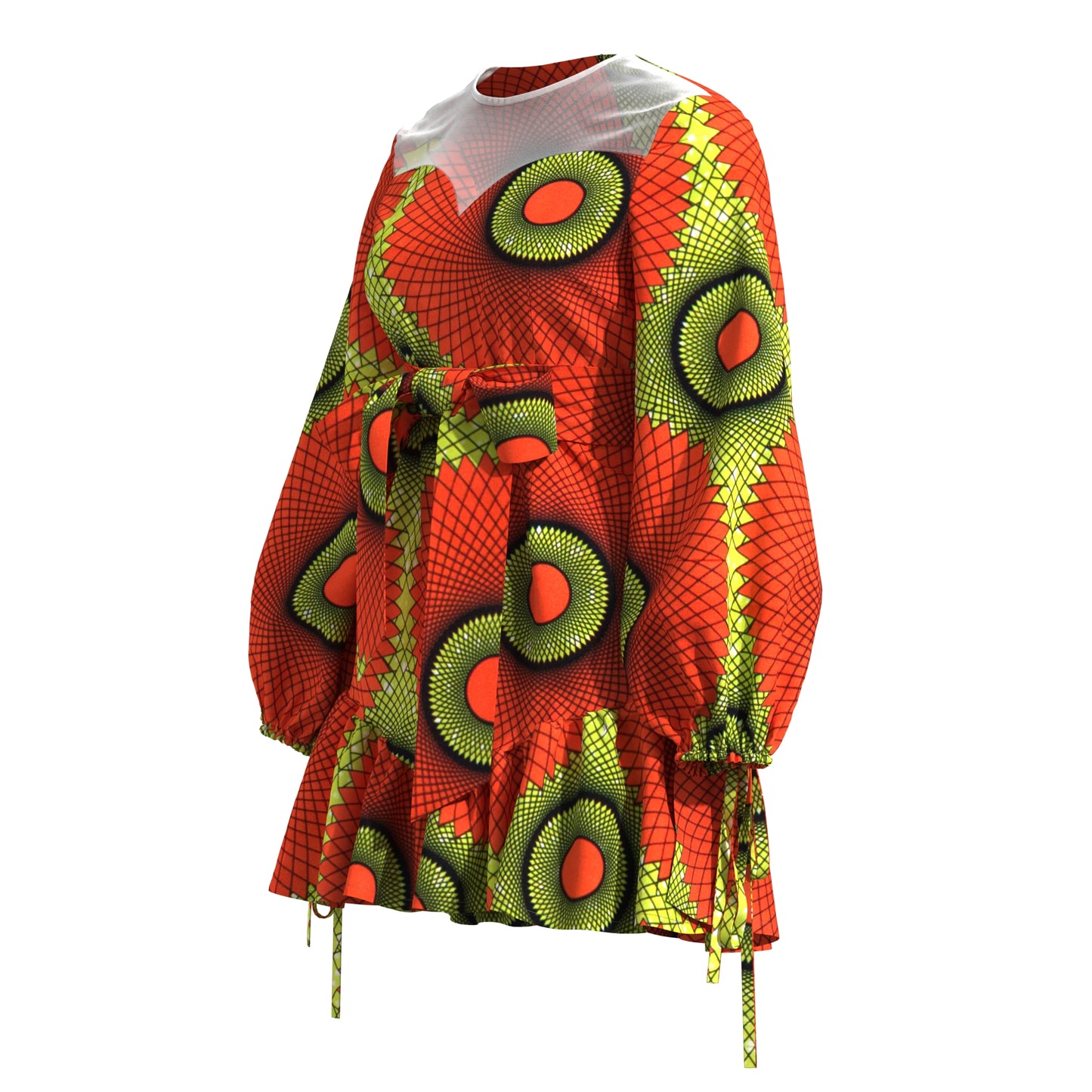 Sheer Mesh Neck African Print Belted Mini Dress