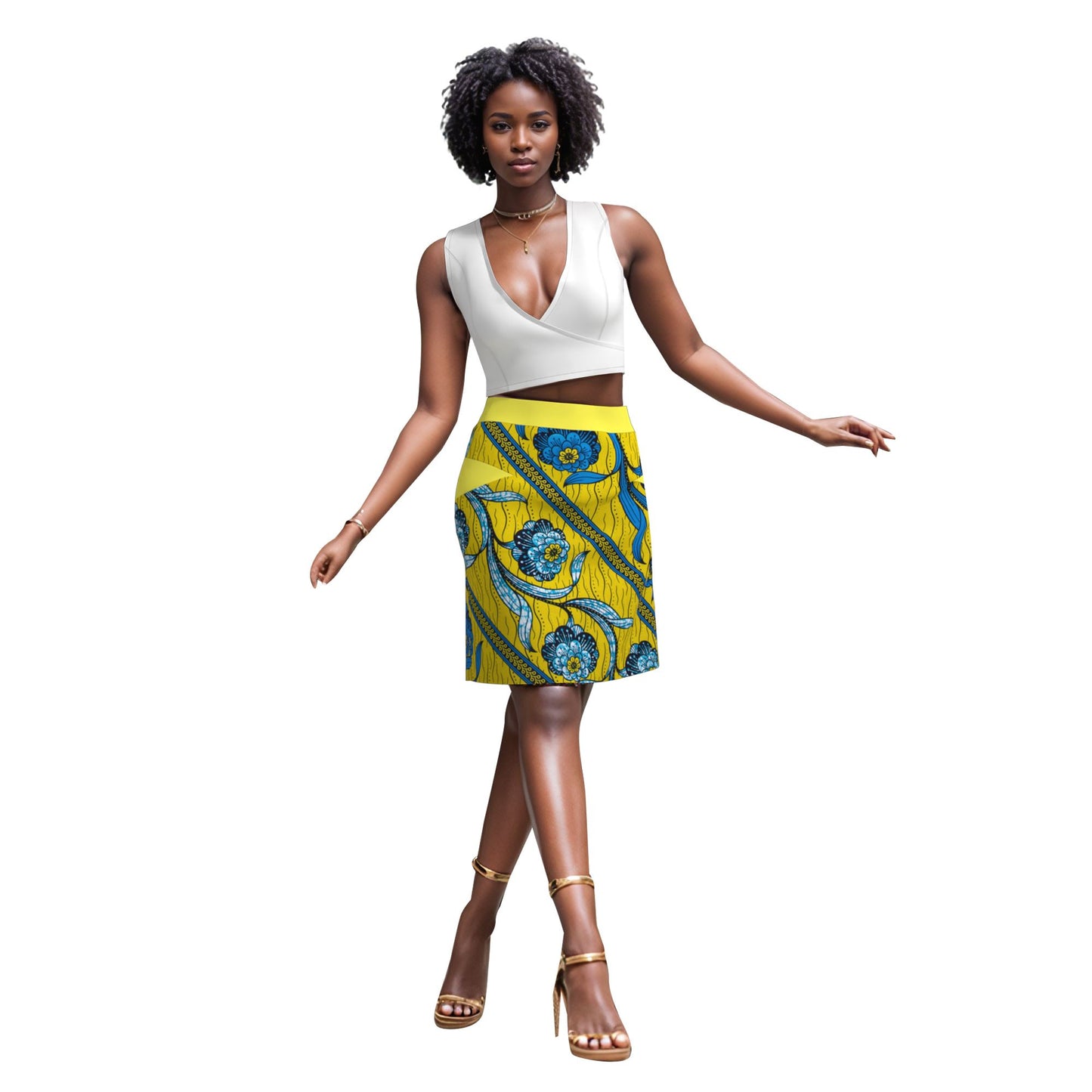 African Women Traditional African Floral Wax Print Slim Fitting Midi Skirt