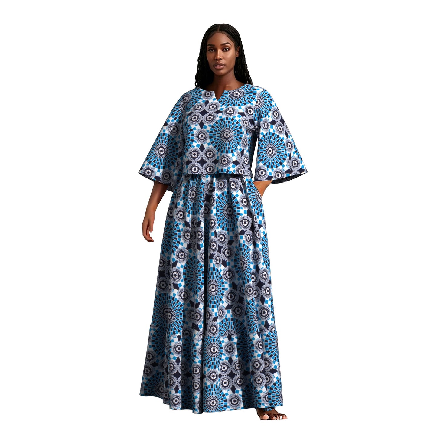 African Print Two Piece Outfit Women Notch Neck Crop Top & Tiered Maxi Skirt Set High Waist Slimming Matching Suit