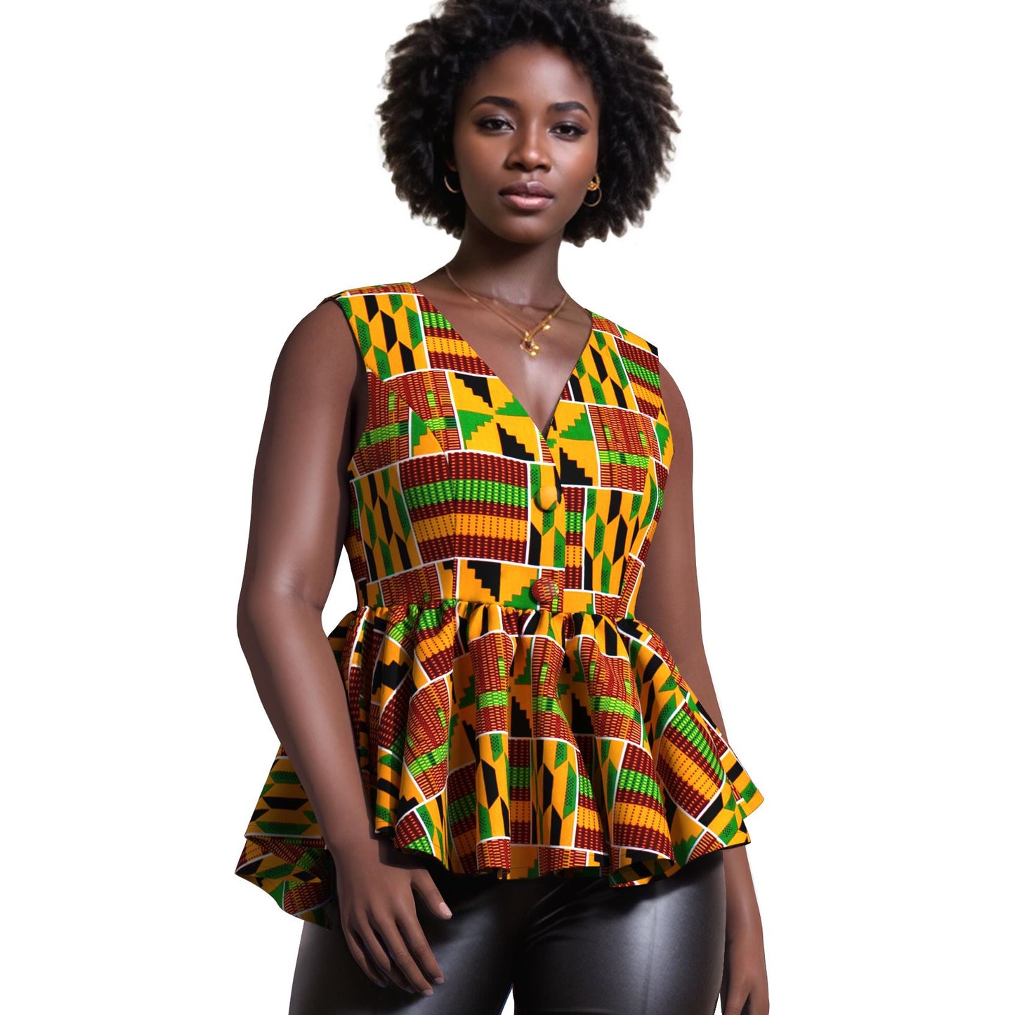 Handmade African Wax Print Sleeveless Peplum Blouse with Ruffle Detail