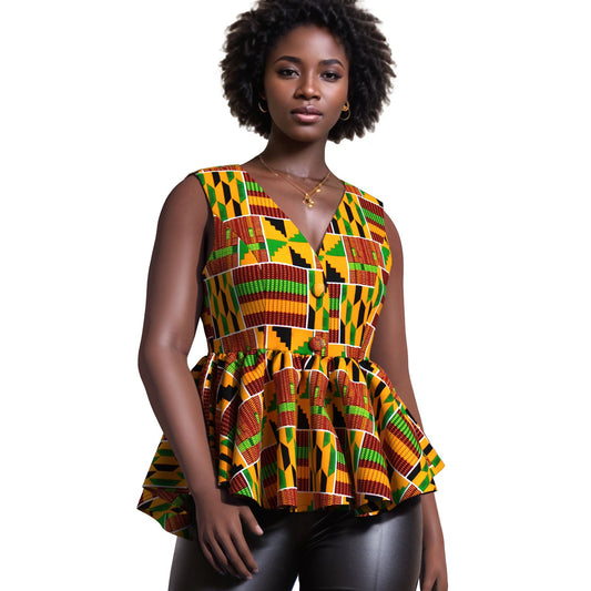 Handmade African Wax Print Sleeveless Peplum Blouse with Ruffle Detail