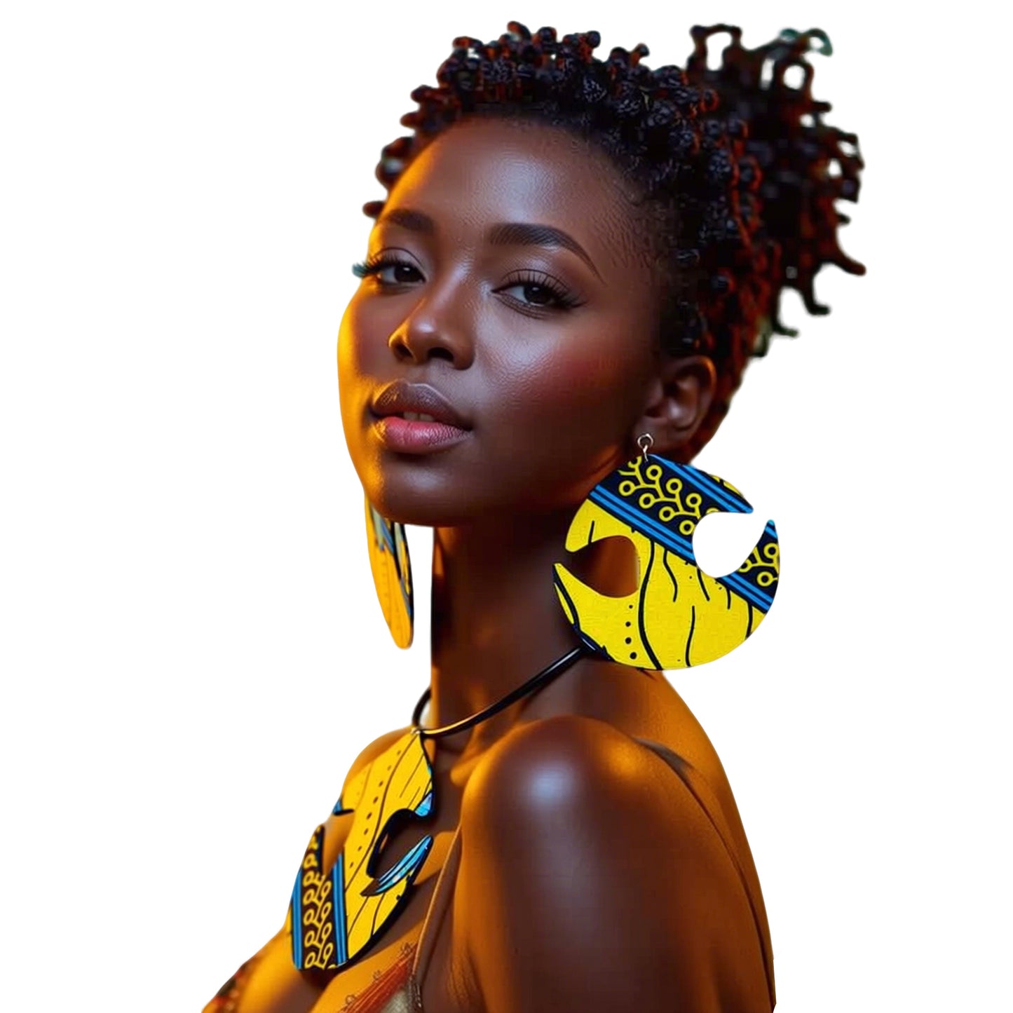 Women African Ethnic Print Cutout Pendant Necklace & Matching Drop Earring Jewelry Set Fashion Accessories