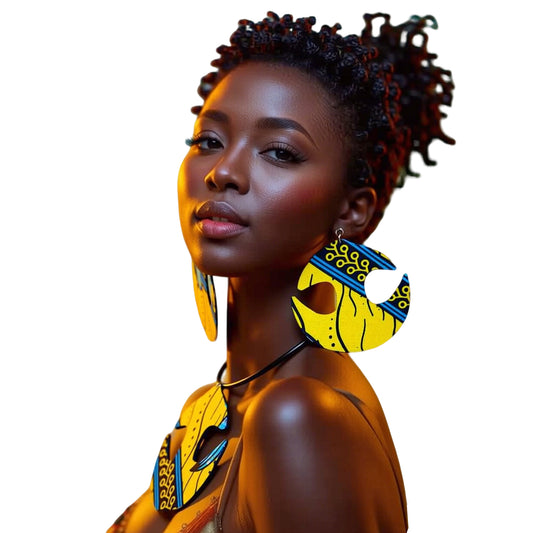 Women African Ethnic Print Cutout Pendant Necklace & Matching Drop Earring Jewelry Set Fashion Accessories