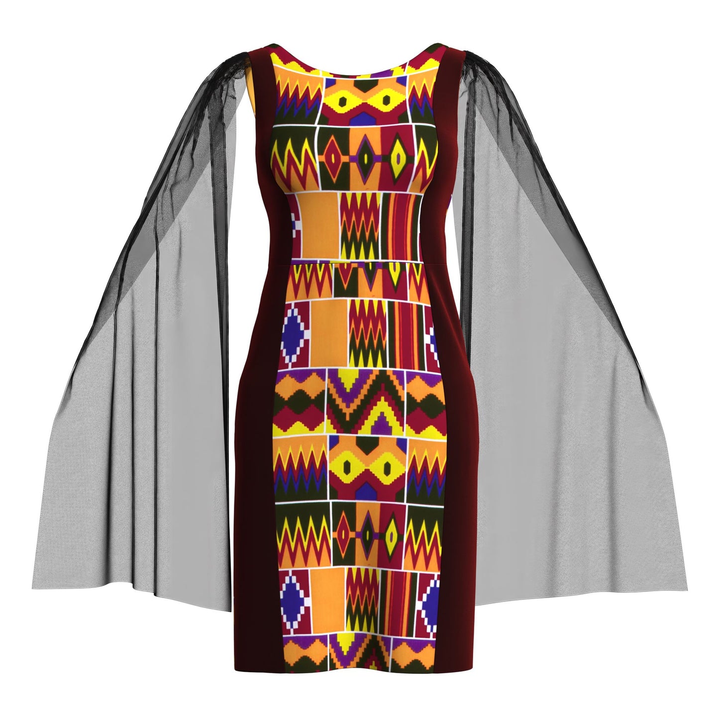 Traditional West African Print Sheath Dress – Sheer Cape Sleeve with Velvet Side Panels