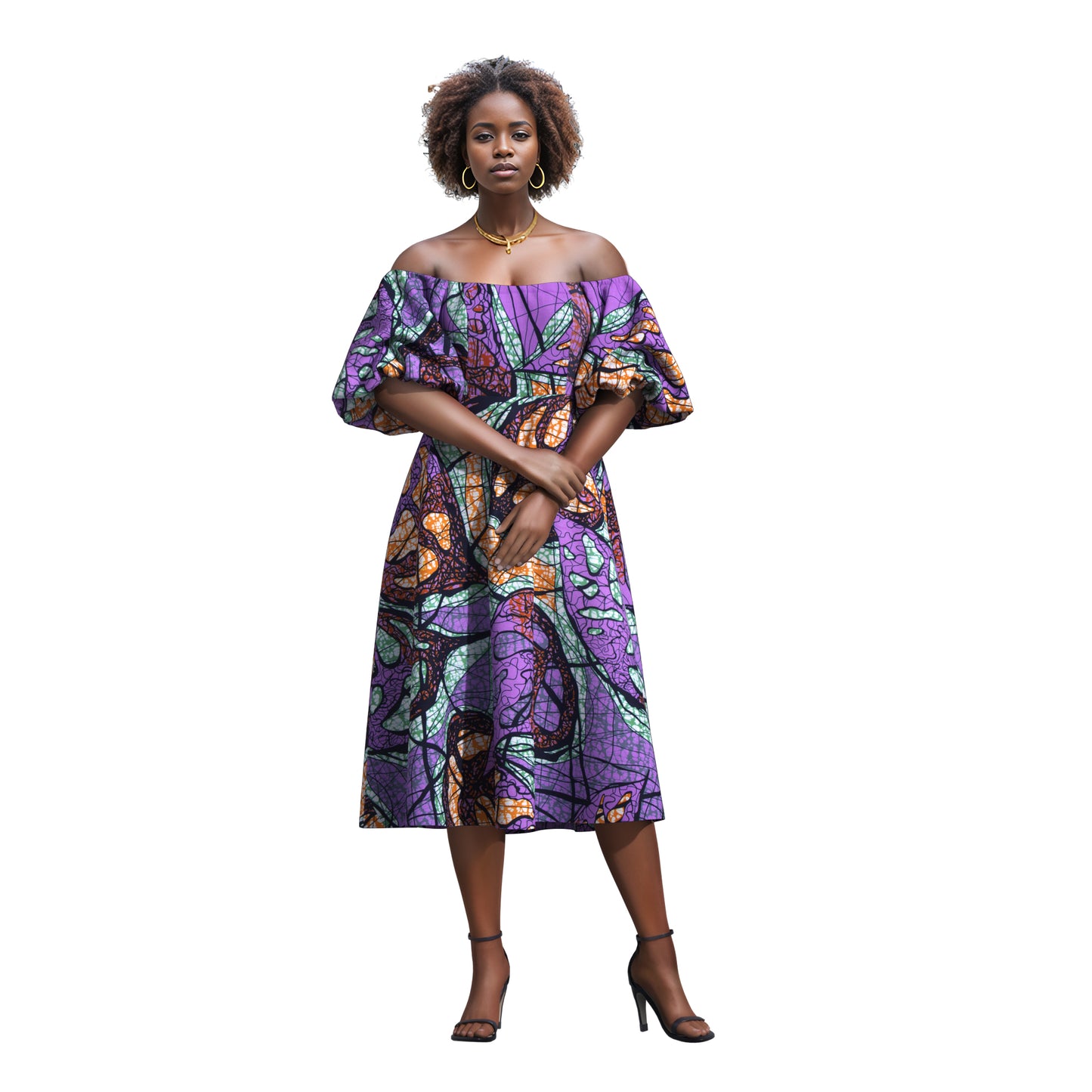 Bold Pattern Ankara Off Shoulder Dress, Breathable High-Quality African Fabric Fashion Dress
