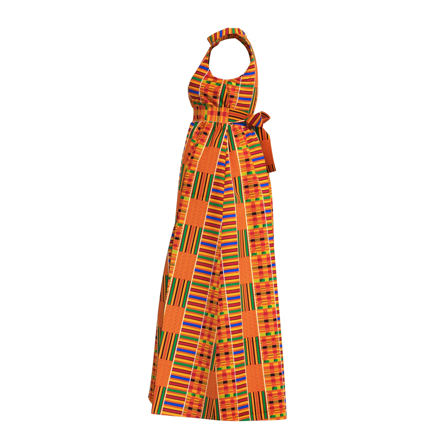 Ladies African Fabric Halter Maxi Dress With Back Bow & Side Split