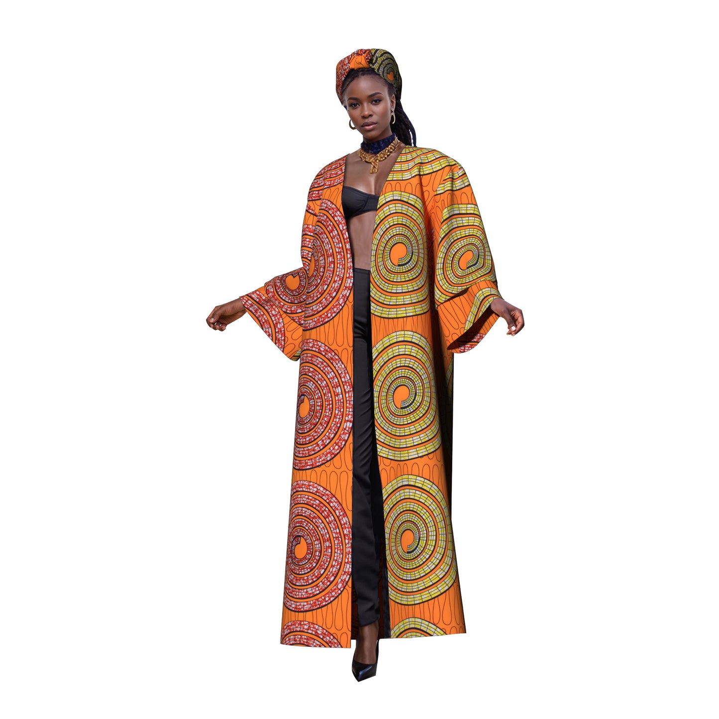 African Women All Over Cultural Print Loose Long Open Front Outerwear Matching Printed Head Wrap Set