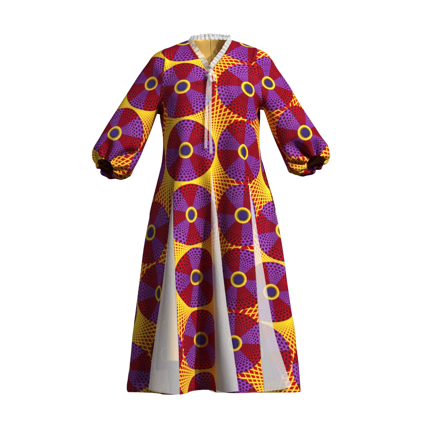 Women Bold Tribal Floral Print V Neck Puff Midi Dress Sheer Panel Split Layer Church Party Outfit