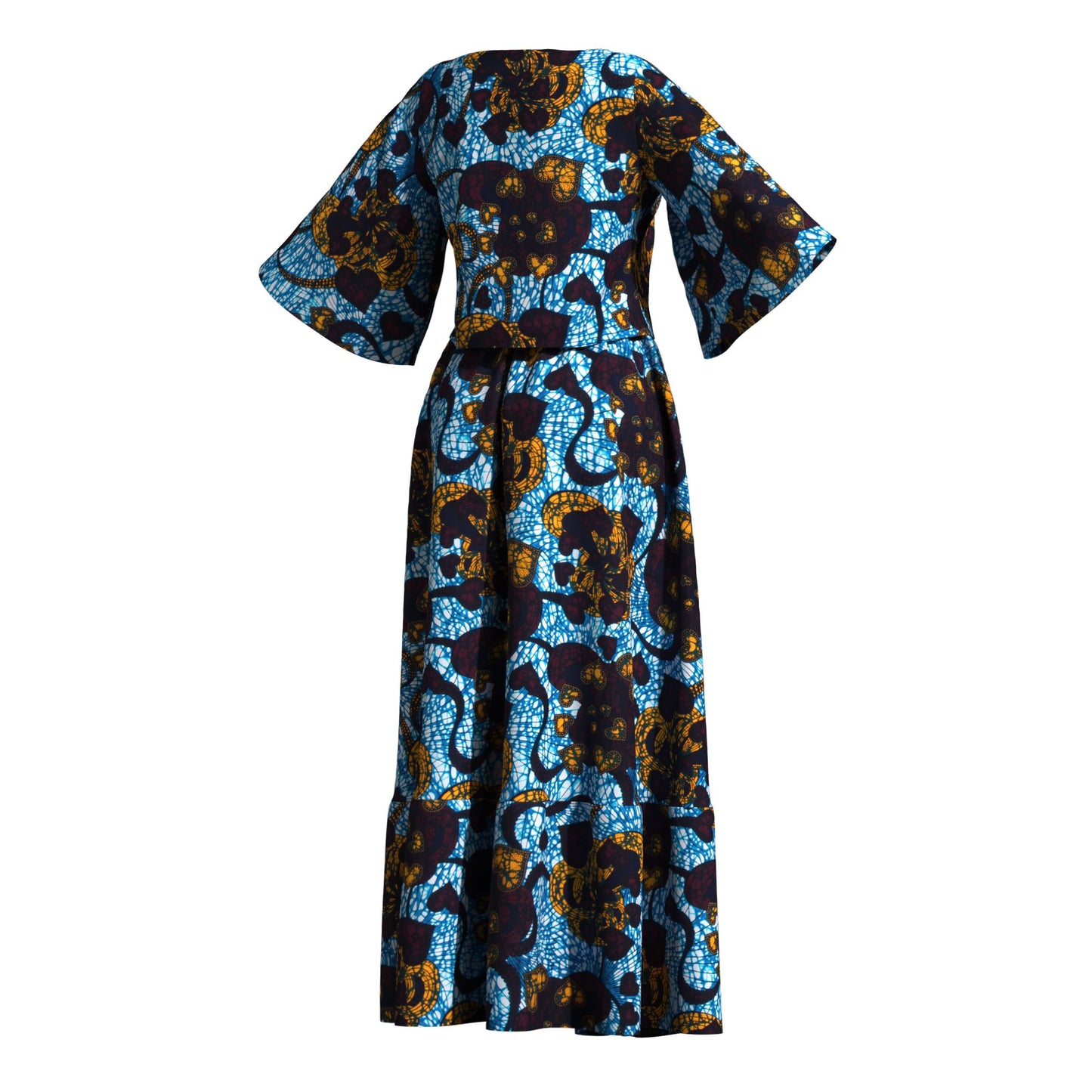 African Print Two Piece Outfit Women Notch Neck Crop Top & Tiered Maxi Skirt Set High Waist Slimming Matching Suit