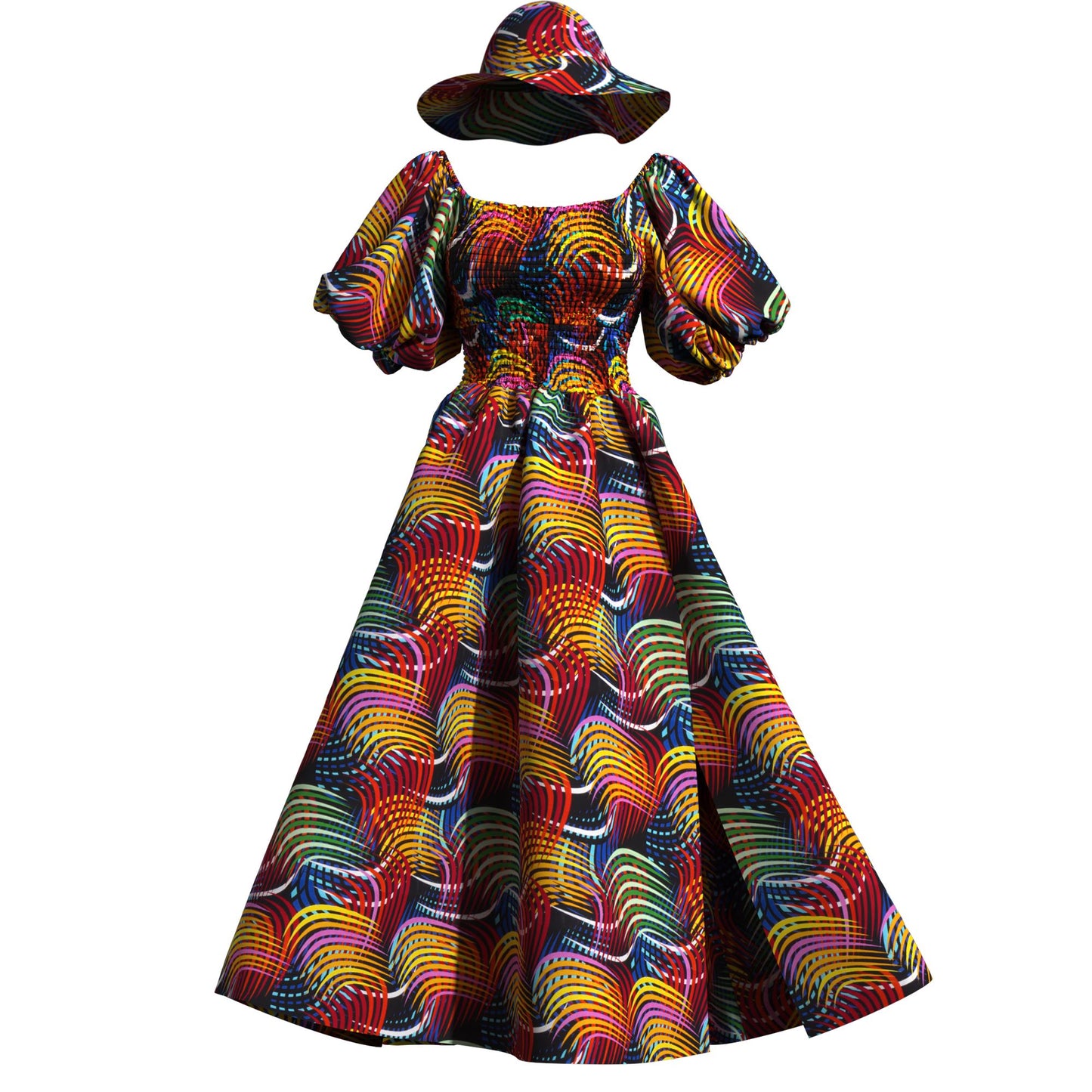 Elegant Cultural Print Maxi Dress with Puff Sleeves & Wide Brim Hat