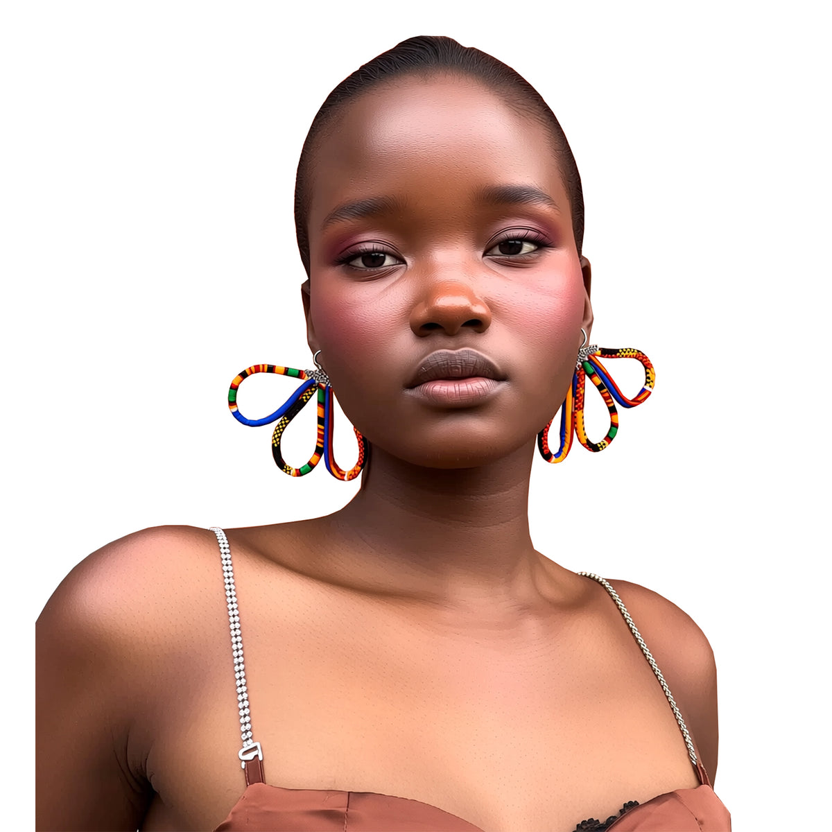 Women Handcrafted Kente Loop Drop Earrings, Colorful African Statement Accessories
