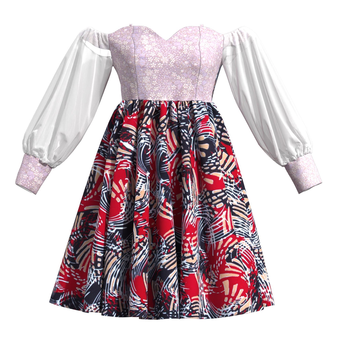 African Print Sequin Off Shoulder Mesh Sleeve A-Line Dress