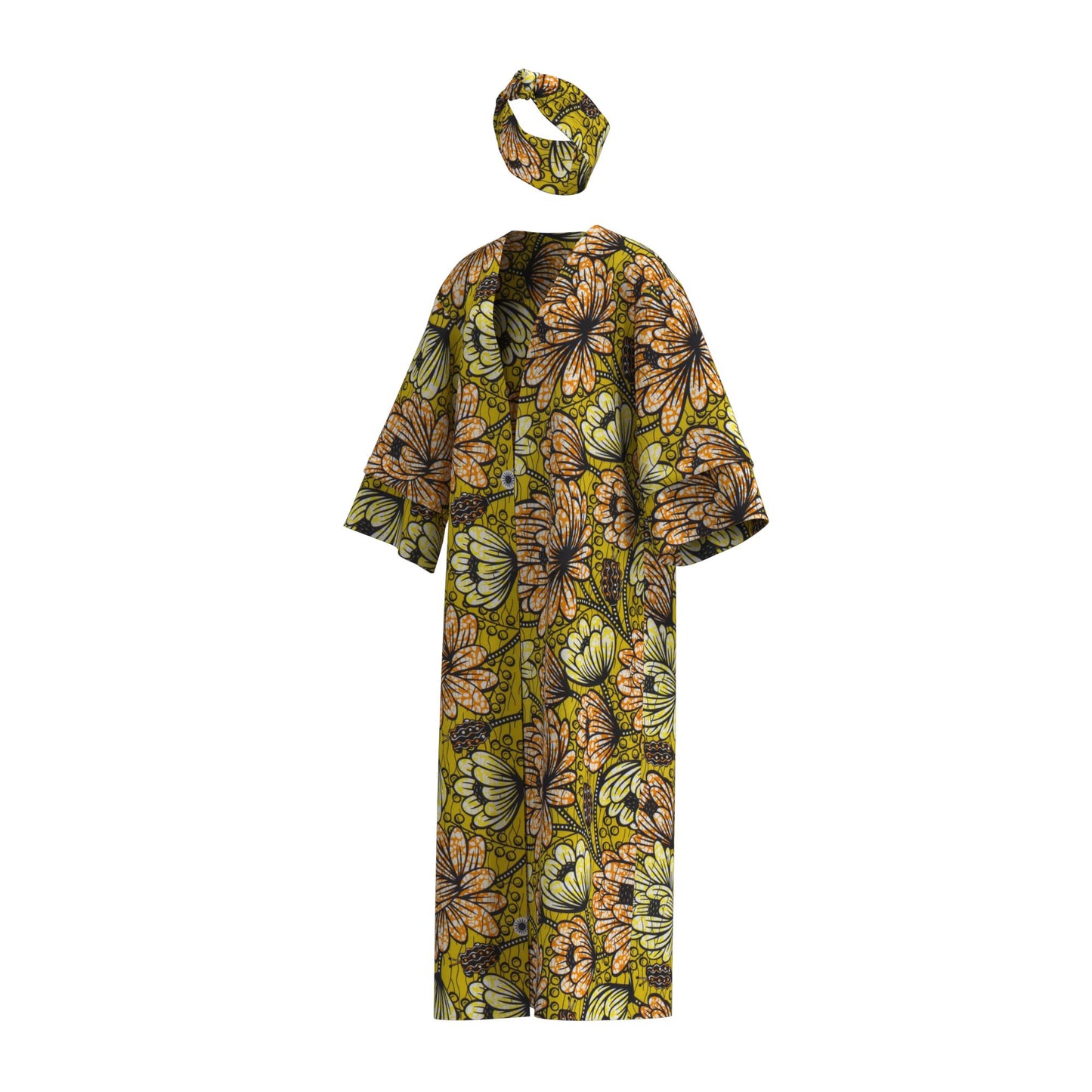 African Women All Over Cultural Print Loose Long Open Front Outerwear Matching Printed Head Wrap Set