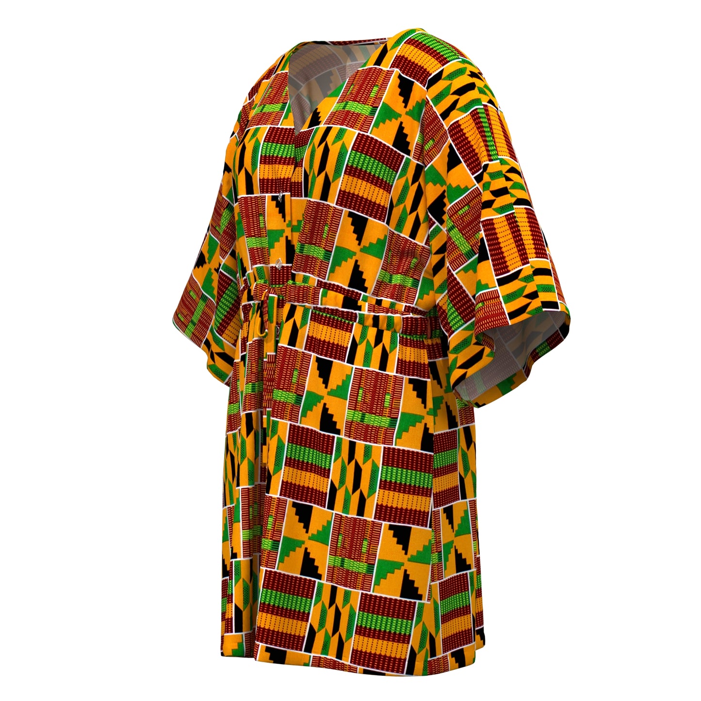African Print V-Neck Drawstring Waist Batwing Sleeve Dress