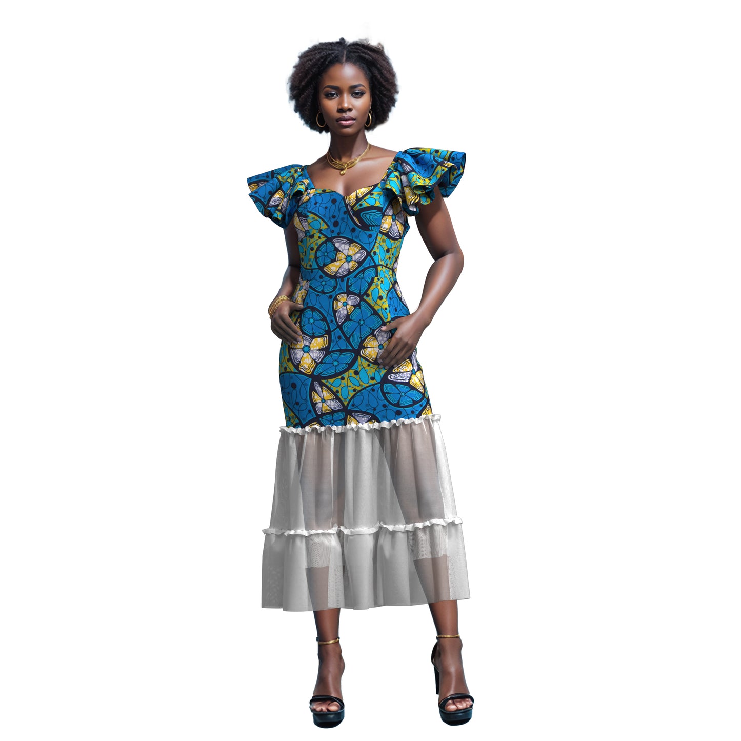 African Ankara Print Ruffle Sleeve Mermaid Dress with Sheer Mesh Hem