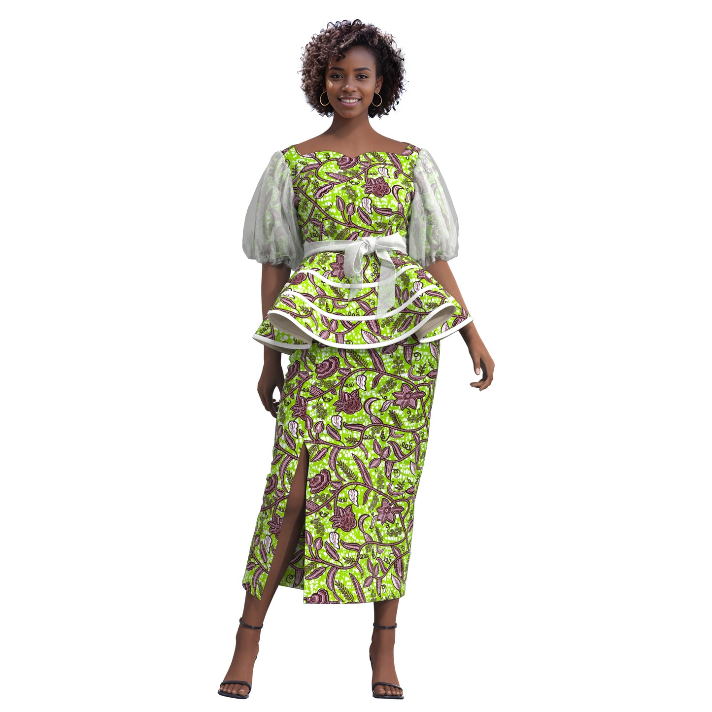 African Print Organza Sleeve Peplum Top & Midi Skirt Set
