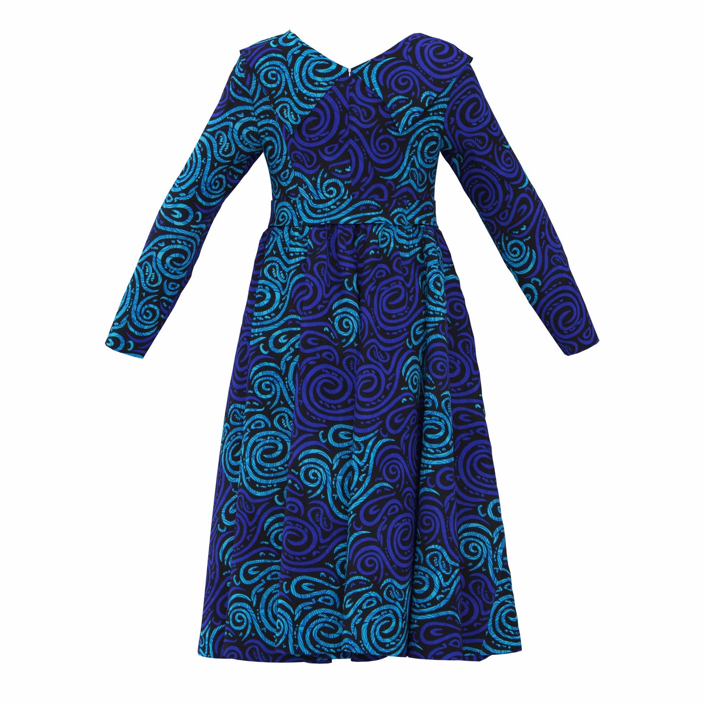 V-Neck Long Sleeve African Print Midi Dress with Tie Waist Belt