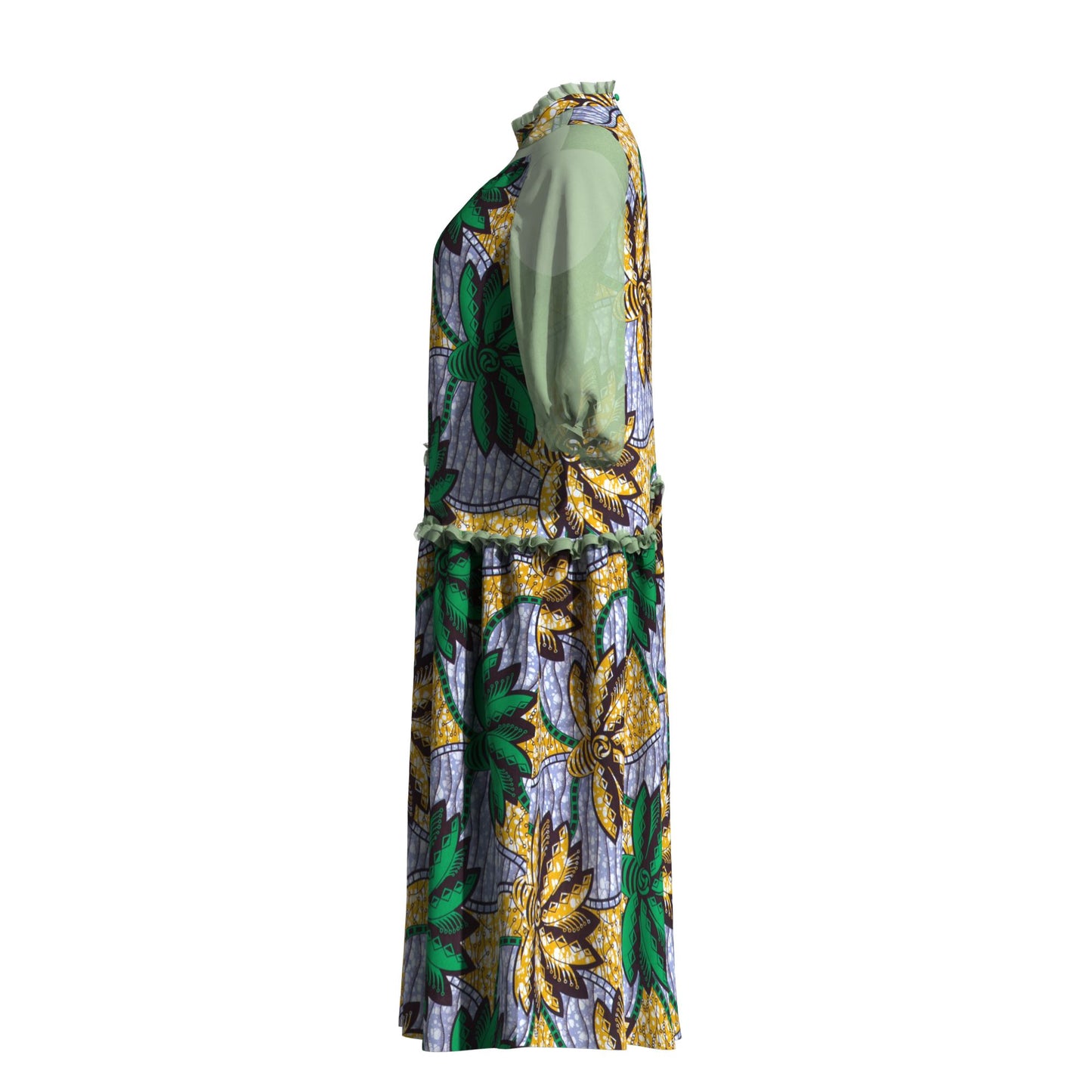 African Fabric Sheer Mesh Ruffle Collar Tiered Swing Midi Dress