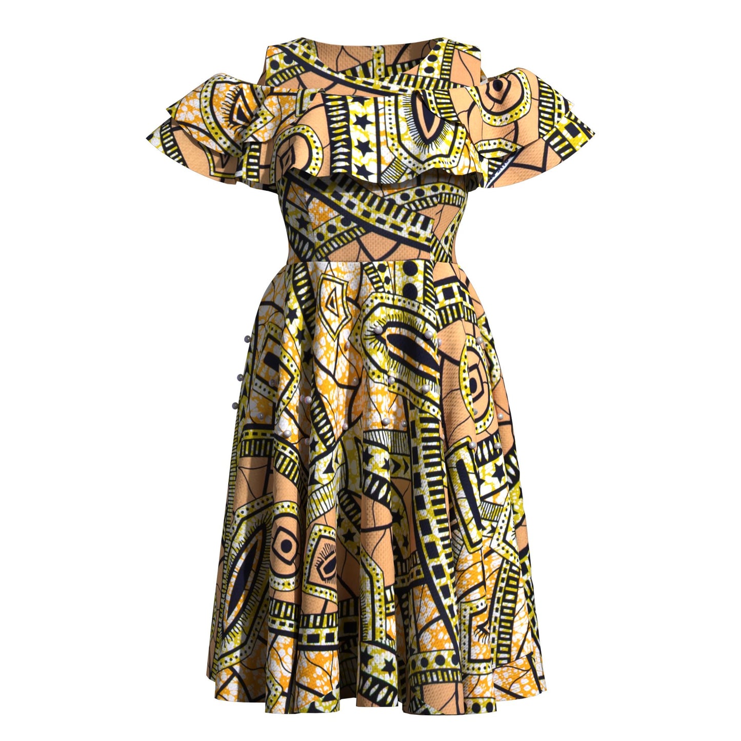 Traditional African Wax Print Cold-Shoulder Fit-and-Flare Dress