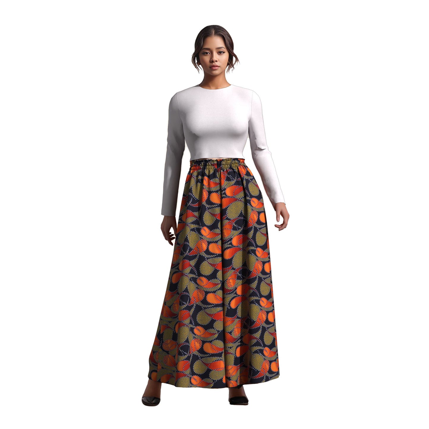 African Print Flowy Palazzo Pants, High Waist Elastic Waist Wide Leg Trousers