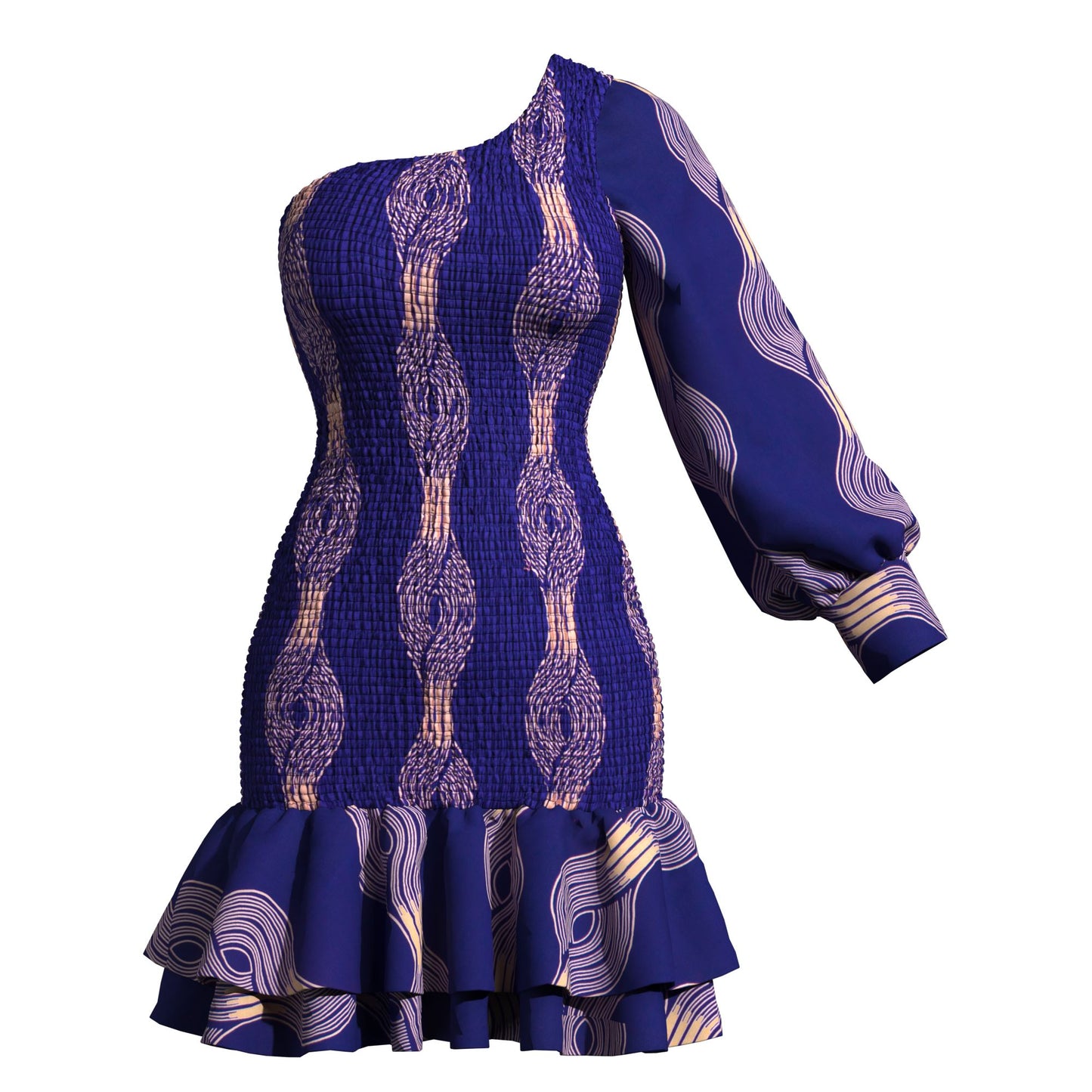 Ankara One-Shoulder Smocked Ruffle Hem Dress