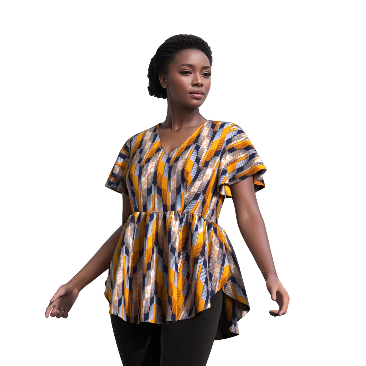 African Print V Neck Irregular Hem Fashion Women Peplum Top