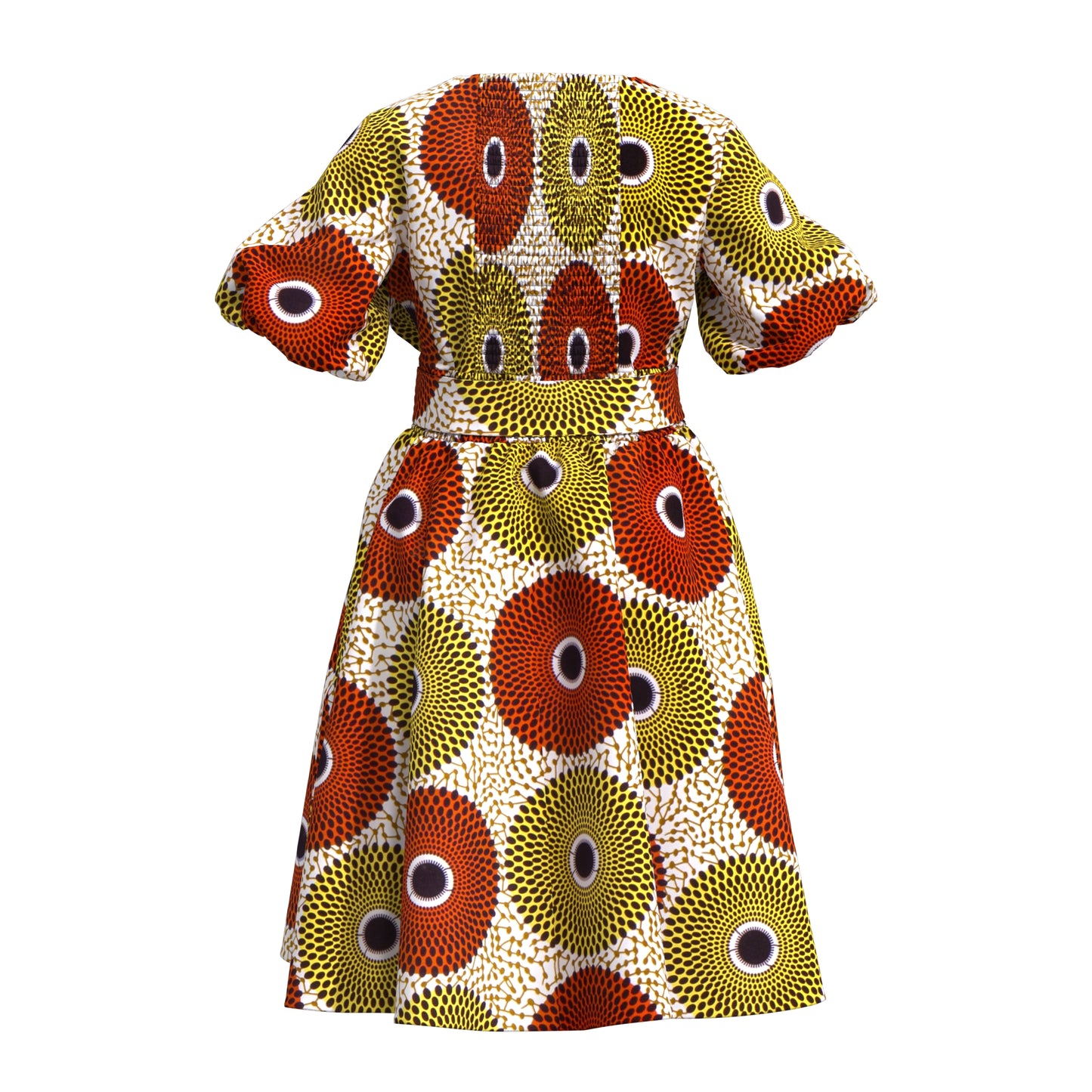 African Print Smocked Waist A-Line Midi Dress with Belt
